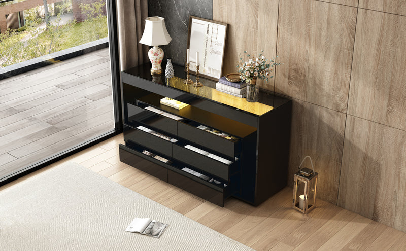 Buffet Noir Laqué Brillant avec 6 Tiroirs, Plateau en Verre Trempé et Éclairage LED Multicolore UDHIENS