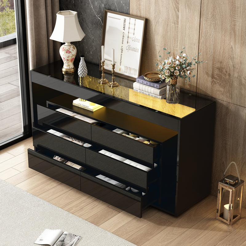 Buffet Noir Laqué Brillant avec 6 Tiroirs, Plateau en Verre Trempé et Éclairage LED Multicolore UDHIENS