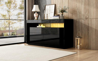 Buffet Noir Laqué Brillant avec 6 Tiroirs, Plateau en Verre Trempé et Éclairage LED Multicolore UDHIENS