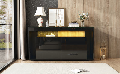 Buffet Noir Laqué Brillant avec 6 Tiroirs, Plateau en Verre Trempé et Éclairage LED Multicolore UDHIENS