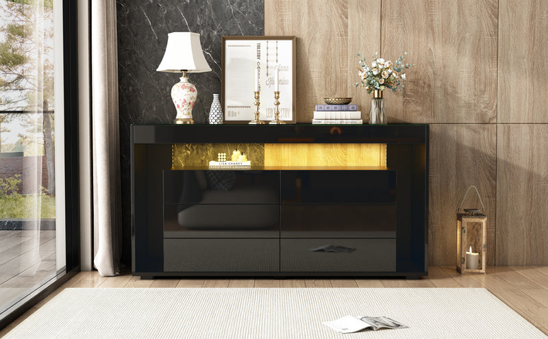 Buffet Noir Laqué Brillant avec 6 Tiroirs, Plateau en Verre Trempé et Éclairage LED Multicolore UDHIENS