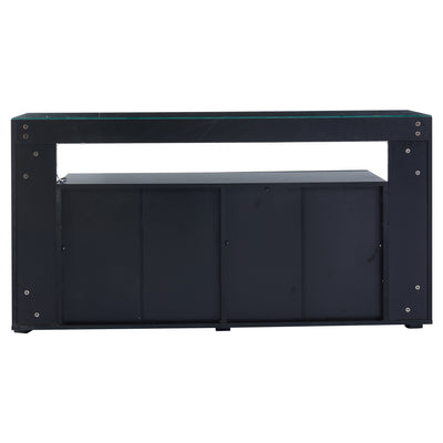 Buffet Noir Laqué Brillant avec 6 Tiroirs, Plateau en Verre Trempé et Éclairage LED Multicolore UDHIENS