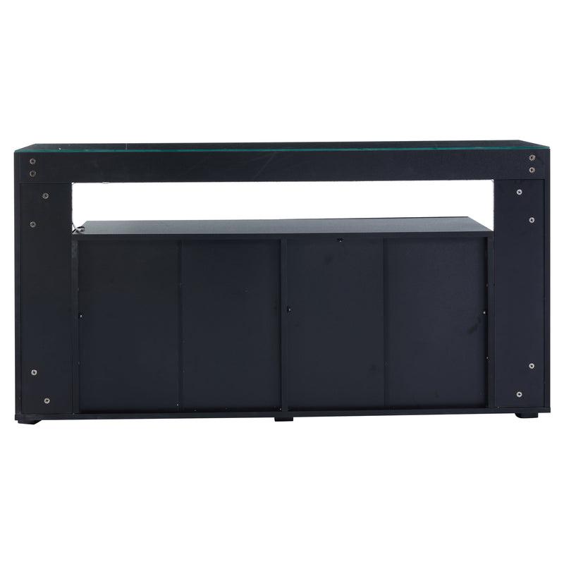 Buffet Noir Laqué Brillant avec 6 Tiroirs, Plateau en Verre Trempé et Éclairage LED Multicolore UDHIENS