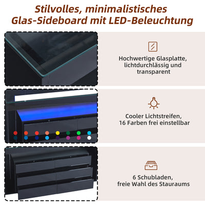 Buffet Noir Laqué Brillant avec 6 Tiroirs, Plateau en Verre Trempé et Éclairage LED Multicolore UDHIENS