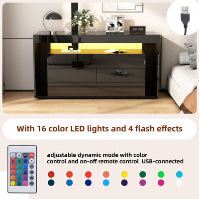 Buffet Noir Laqué Brillant avec 6 Tiroirs, Plateau en Verre Trempé et Éclairage LED Multicolore UDHIENS