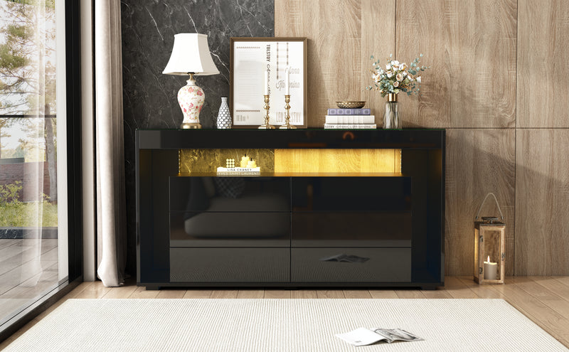 Buffet Noir Laqué Brillant avec 6 Tiroirs, Plateau en Verre Trempé et Éclairage LED Multicolore UDHIENS