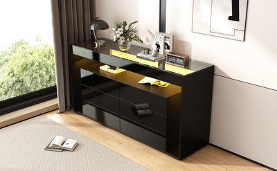 Buffet Noir Laqué Brillant avec 6 Tiroirs, Plateau en Verre Trempé et Éclairage LED Multicolore UDHIENS