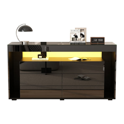 Buffet Noir Laqué Brillant avec 6 Tiroirs, Plateau en Verre Trempé et Éclairage LED Multicolore UDHIENS