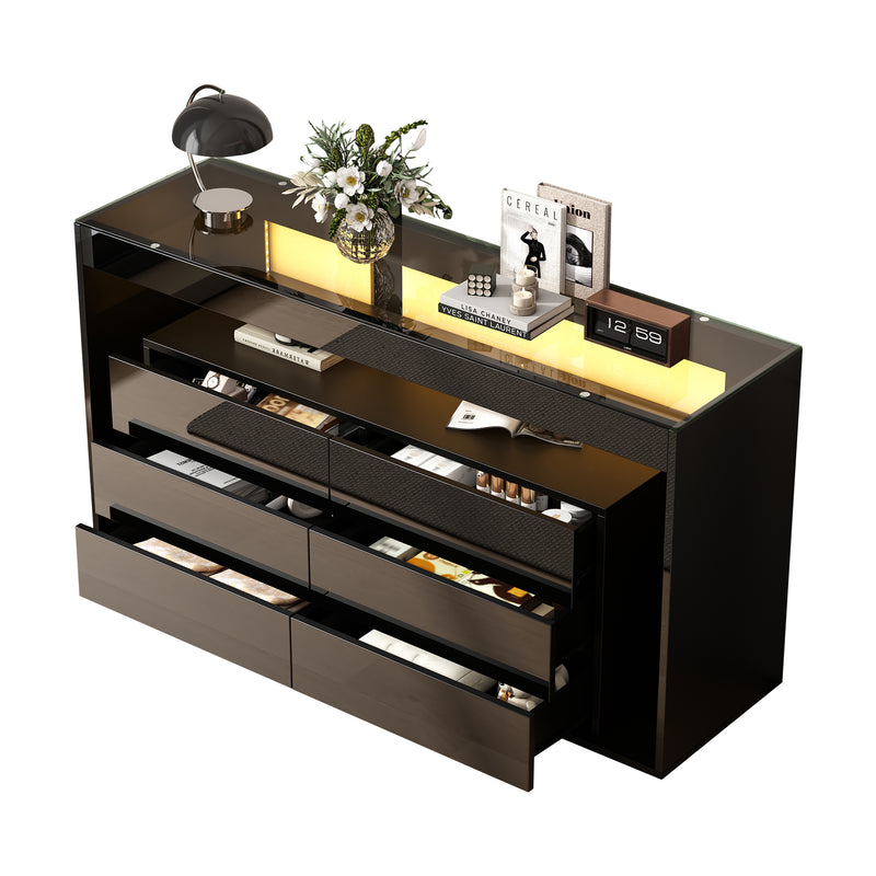 Buffet Noir Laqué Brillant avec 6 Tiroirs, Plateau en Verre Trempé et Éclairage LED Multicolore UDHIENS