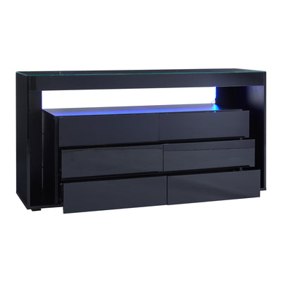 Buffet Noir Laqué Brillant avec 6 Tiroirs, Plateau en Verre Trempé et Éclairage LED Multicolore UDHIENS