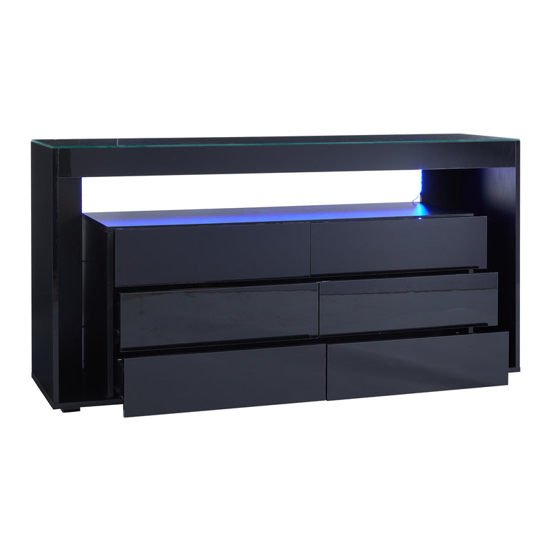 Buffet Noir Laqué Brillant avec 6 Tiroirs, Plateau en Verre Trempé et Éclairage LED Multicolore UDHIENS