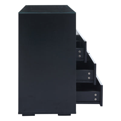 Buffet Noir Laqué Brillant avec 6 Tiroirs, Plateau en Verre Trempé et Éclairage LED Multicolore UDHIENS