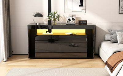Buffet Noir Laqué Brillant avec 6 Tiroirs, Plateau en Verre Trempé et Éclairage LED Multicolore UDHIENS
