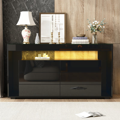 Buffet Noir Laqué Brillant avec 6 Tiroirs, Plateau en Verre Trempé et Éclairage LED Multicolore UDHIENS
