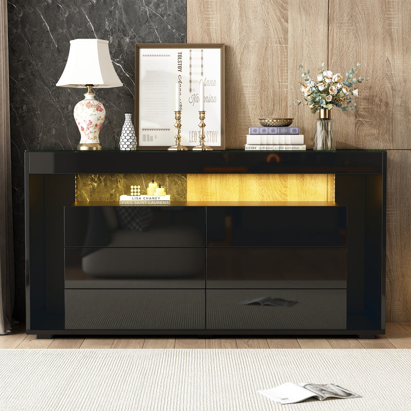 Buffet Noir Laqué Brillant avec 6 Tiroirs, Plateau en Verre Trempé et Éclairage LED Multicolore UDHIENS