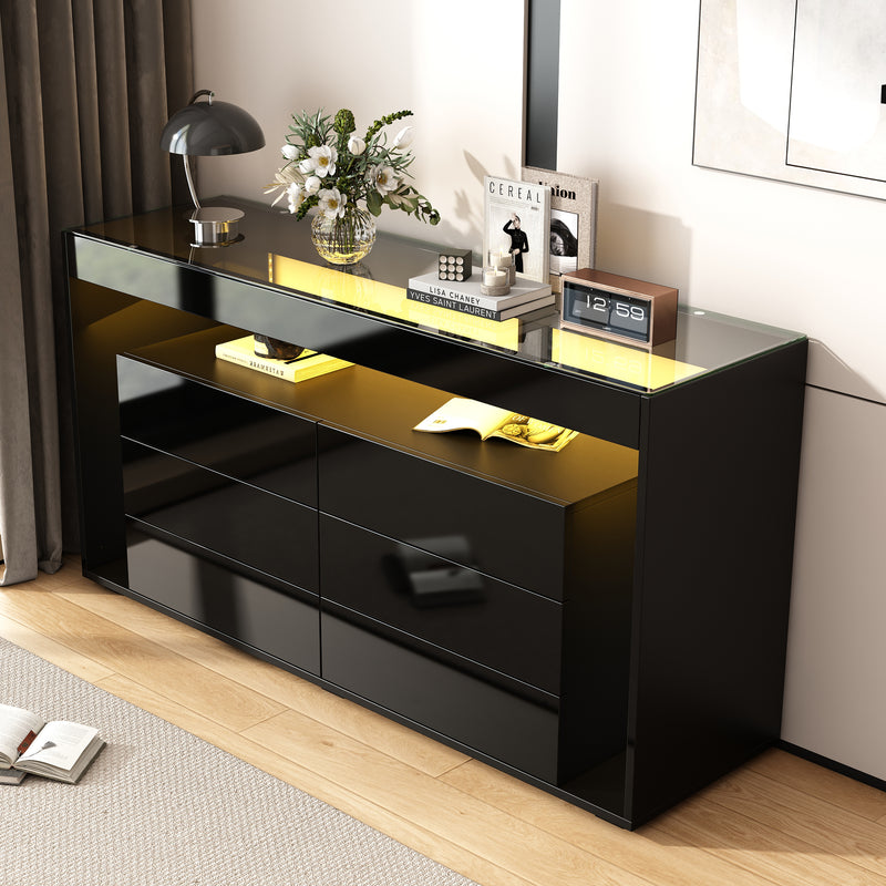 Buffet Noir Laqué Brillant avec 6 Tiroirs, Plateau en Verre Trempé et Éclairage LED Multicolore UDHIENS