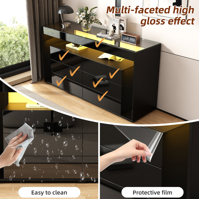 Buffet Noir Laqué Brillant avec 6 Tiroirs, Plateau en Verre Trempé et Éclairage LED Multicolore UDHIENS