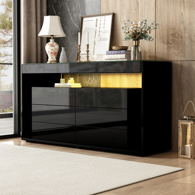 Buffet Noir Laqué Brillant avec 6 Tiroirs, Plateau en Verre Trempé et Éclairage LED Multicolore UDHIENS