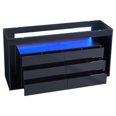 Buffet Noir Laqué Brillant avec 6 Tiroirs, Plateau en Verre Trempé et Éclairage LED Multicolore UDHIENS