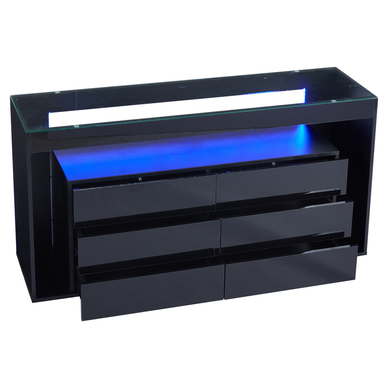 Buffet Noir Laqué Brillant avec 6 Tiroirs, Plateau en Verre Trempé et Éclairage LED Multicolore UDHIENS
