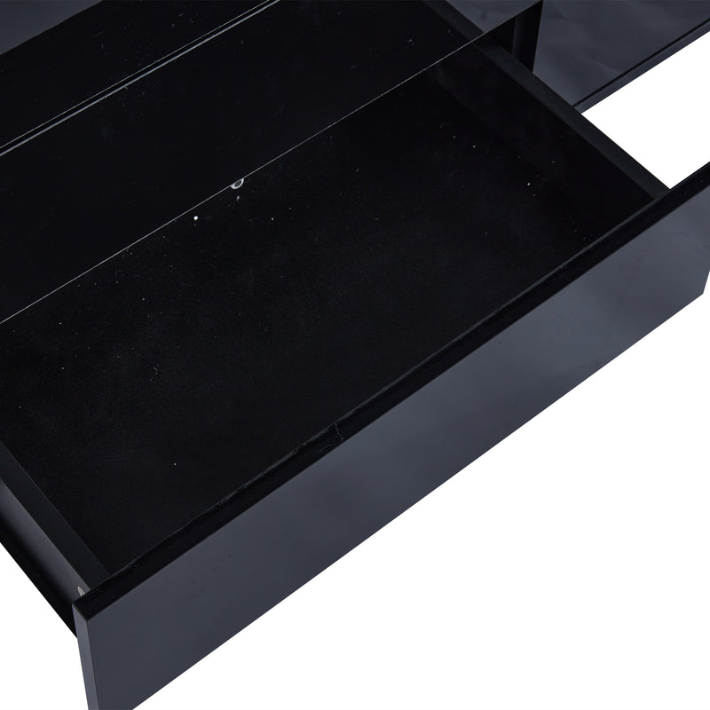 Buffet Noir Laqué Brillant avec 6 Tiroirs, Plateau en Verre Trempé et Éclairage LED Multicolore UDHIENS
