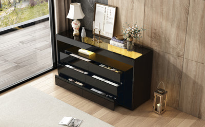 Buffet Noir Laqué Brillant avec 6 Tiroirs, Plateau en Verre Trempé et Éclairage LED Multicolore UDHIENS