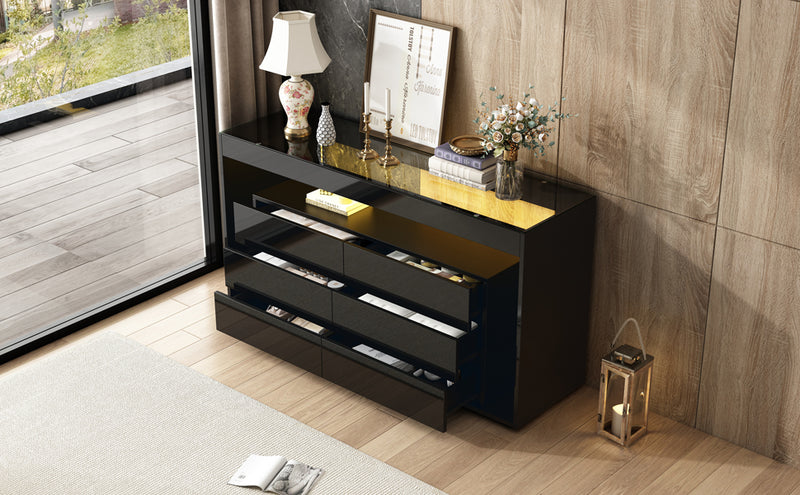 Buffet Noir Laqué Brillant avec 6 Tiroirs, Plateau en Verre Trempé et Éclairage LED Multicolore UDHIENS