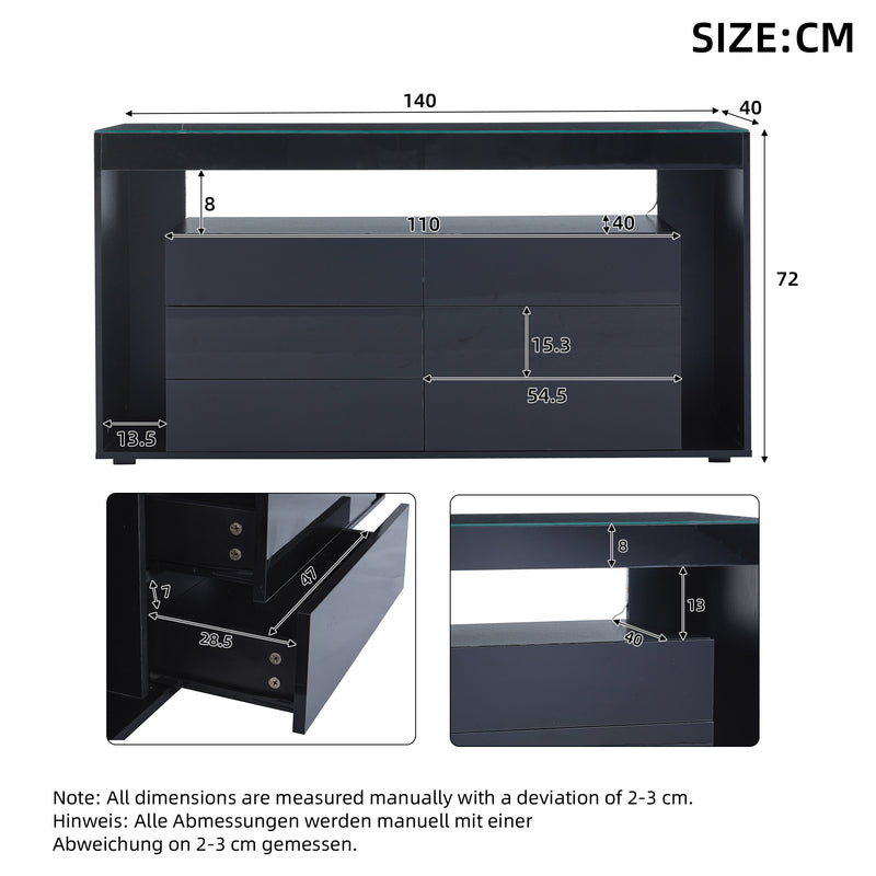 Buffet Noir Laqué Brillant avec 6 Tiroirs, Plateau en Verre Trempé et Éclairage LED Multicolore UDHIENS