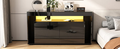 Buffet Noir Laqué Brillant avec 6 Tiroirs, Plateau en Verre Trempé et Éclairage LED Multicolore UDHIENS