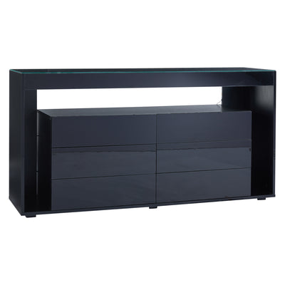 Buffet Noir Laqué Brillant avec 6 Tiroirs, Plateau en Verre Trempé et Éclairage LED Multicolore UDHIENS