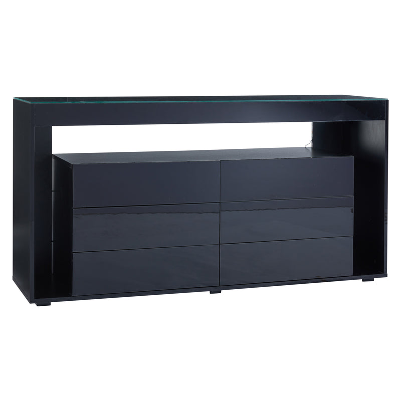 Buffet Noir Laqué Brillant avec 6 Tiroirs, Plateau en Verre Trempé et Éclairage LED Multicolore UDHIENS