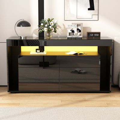 Buffet Noir Laqué Brillant avec 6 Tiroirs, Plateau en Verre Trempé et Éclairage LED Multicolore UDHIENS