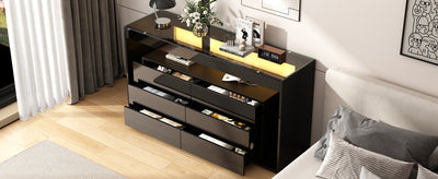 Buffet Noir Laqué Brillant avec 6 Tiroirs, Plateau en Verre Trempé et Éclairage LED Multicolore UDHIENS