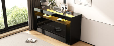 Buffet Noir Laqué Brillant avec 6 Tiroirs, Plateau en Verre Trempé et Éclairage LED Multicolore UDHIENS