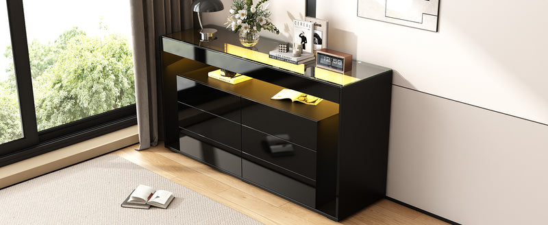 Buffet Noir Laqué Brillant avec 6 Tiroirs, Plateau en Verre Trempé et Éclairage LED Multicolore UDHIENS
