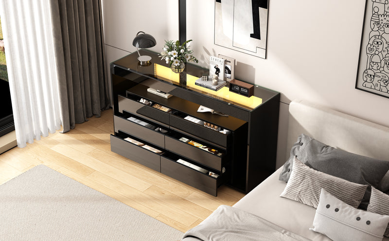 Buffet Noir Laqué Brillant avec 6 Tiroirs, Plateau en Verre Trempé et Éclairage LED Multicolore UDHIENS