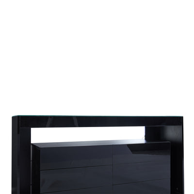 Buffet Noir Laqué Brillant avec 6 Tiroirs, Plateau en Verre Trempé et Éclairage LED Multicolore UDHIENS