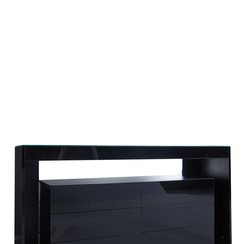Buffet Noir Laqué Brillant avec 6 Tiroirs, Plateau en Verre Trempé et Éclairage LED Multicolore UDHIENS