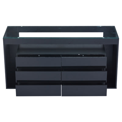 Buffet Noir Laqué Brillant avec 6 Tiroirs, Plateau en Verre Trempé et Éclairage LED Multicolore UDHIENS