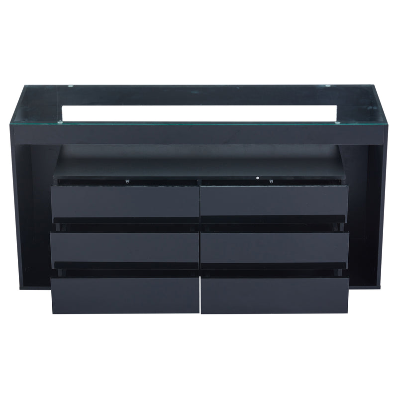 Buffet Noir Laqué Brillant avec 6 Tiroirs, Plateau en Verre Trempé et Éclairage LED Multicolore UDHIENS
