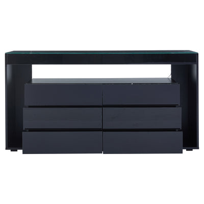 Buffet Noir Laqué Brillant avec 6 Tiroirs, Plateau en Verre Trempé et Éclairage LED Multicolore UDHIENS