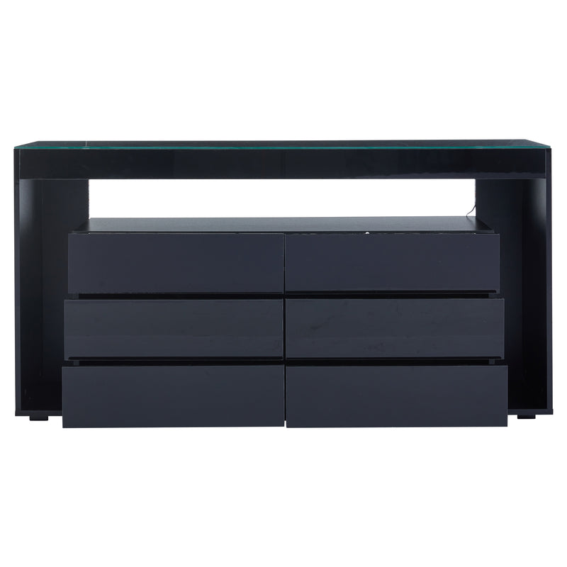 Buffet Noir Laqué Brillant avec 6 Tiroirs, Plateau en Verre Trempé et Éclairage LED Multicolore UDHIENS