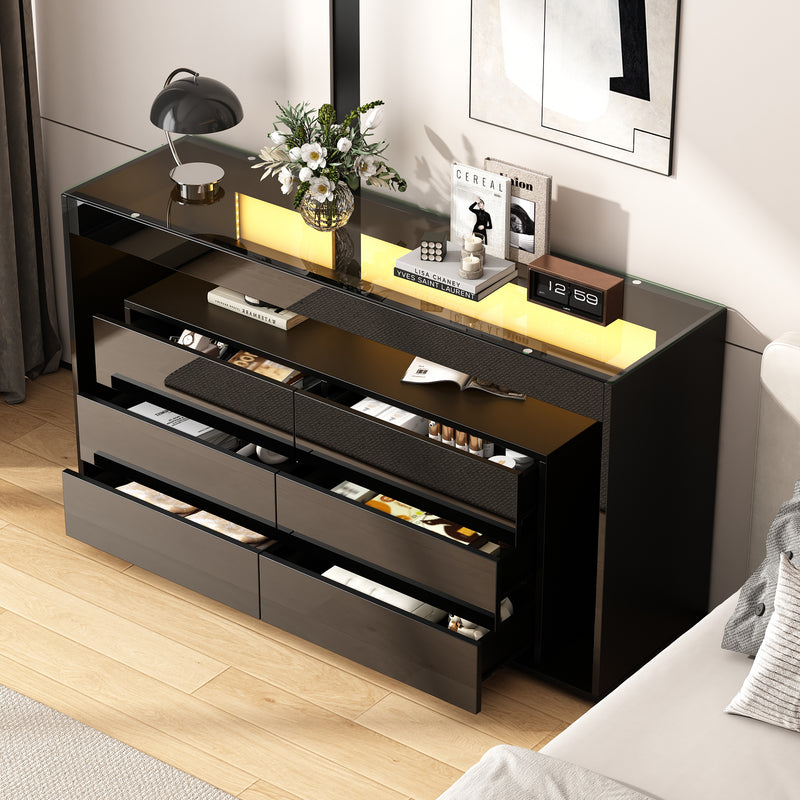Buffet Noir Laqué Brillant avec 6 Tiroirs, Plateau en Verre Trempé et Éclairage LED Multicolore UDHIENS