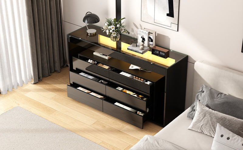 Buffet Noir Laqué Brillant avec 6 Tiroirs, Plateau en Verre Trempé et Éclairage LED Multicolore UDHIENS