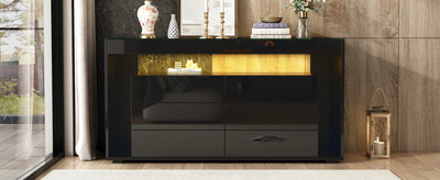 Buffet Noir Laqué Brillant avec 6 Tiroirs, Plateau en Verre Trempé et Éclairage LED Multicolore UDHIENS