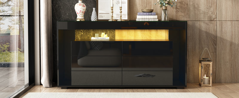 Buffet Noir Laqué Brillant avec 6 Tiroirs, Plateau en Verre Trempé et Éclairage LED Multicolore UDHIENS