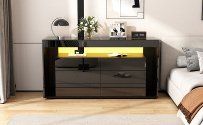 Buffet Noir Laqué Brillant avec 6 Tiroirs, Plateau en Verre Trempé et Éclairage LED Multicolore UDHIENS