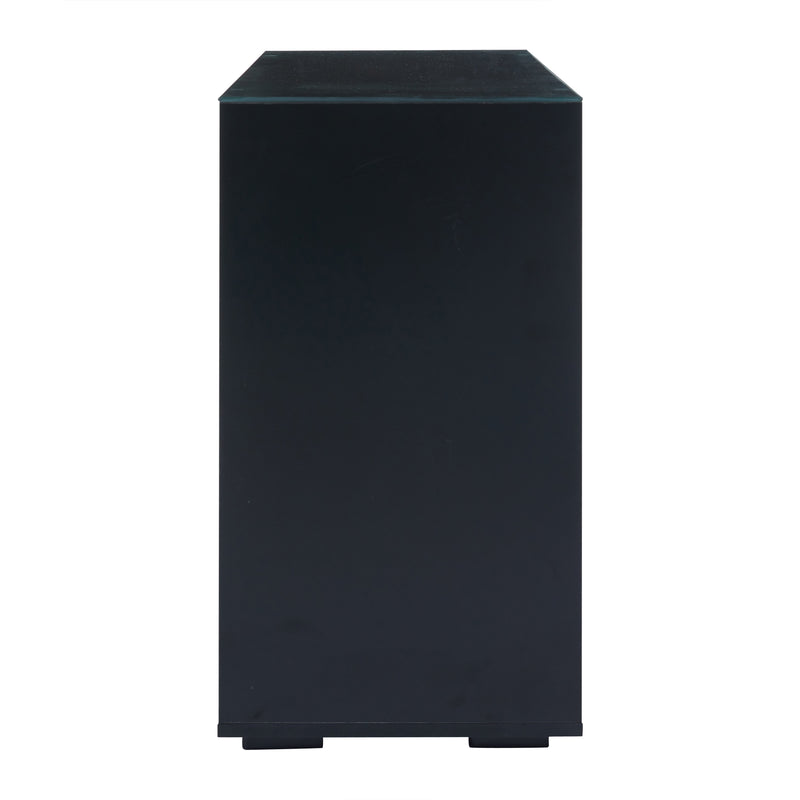 Buffet Noir Laqué Brillant avec 6 Tiroirs, Plateau en Verre Trempé et Éclairage LED Multicolore UDHIENS