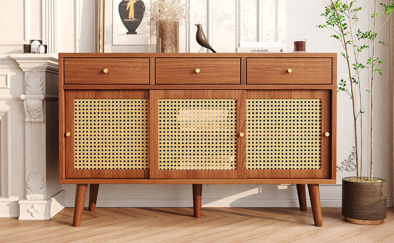 Commode Buffet Moderne Noyer avec 3 Tiroirs et 3 Portes Coulissantes UGELL