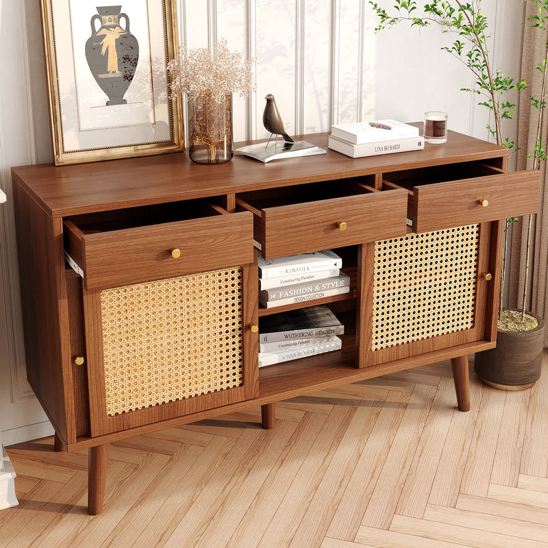 Commode Buffet Moderne Noyer avec 3 Tiroirs et 3 Portes Coulissantes UGELL